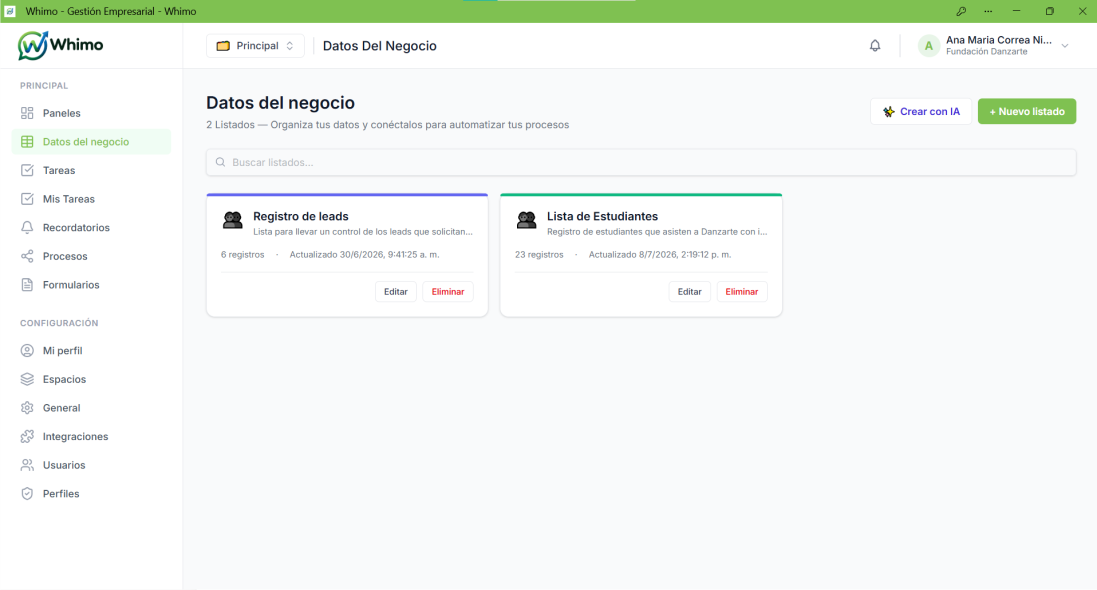 Pantallazo de Whimo mostrando datos del negocio